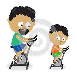 Father and son riding exercise bikes 2