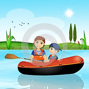 Father and son on rubber dinghy on the river