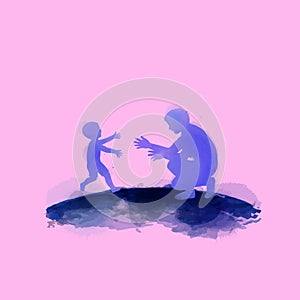 Father with son silhouette plus abstract watercolor painted. Happy father`s day. Digital art painting. Vector illustration