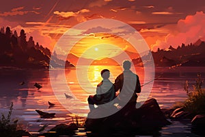 father and son sitting on the shore of a lake at sunset, Family dad and two sons are fishing at sunset, AI Generated