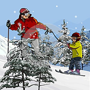 Father and son skiing in the mountains