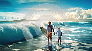 Father and Son Surfing Together Riding Blue Generative AI