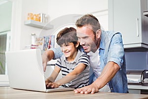 Father and son using laptop