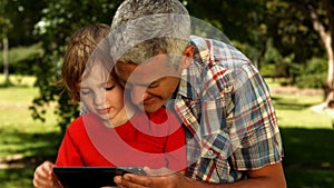 Father and son using tablet in park