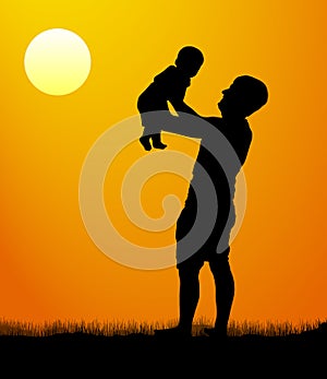 Father with son walk at sunset. Silhouette of a man with a child. vector illustration