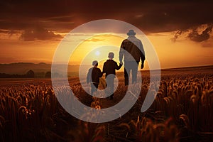 Father and son walking in wheat field at sunset. Happy family concept, rear view of the Father and his children walking in the