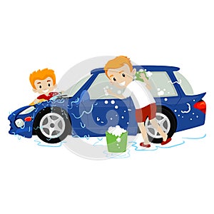Vector Illustration of Father and Son washing the Car