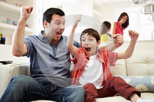 Father And Son Watching Sports On TV