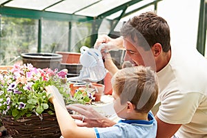 Father And Son Watering Plants In Greenhouse