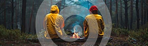 A father and son wearing yellow raincoats sit beside a campfire in the forest photo
