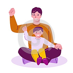 Father and son with winners gesture. Vector illustration in flat style. Isolated on a white background.