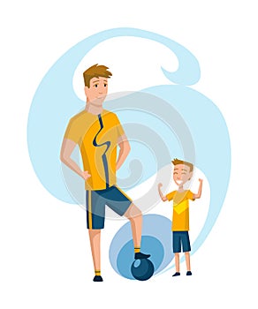 Father spend time with son. Dad and son playing footbol, happy family concept. Fatherhood flat cartoon vector