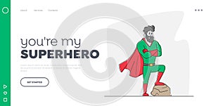 Father Superhero, Successful Businessman, Powerful Leader Landing Page Template. Male Character in Super Hero Costume