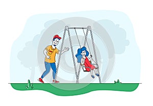 Father Swinging Child on Swing in Park or Playground. Happy Family Having Fun, Dad and Daughter Characters