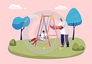 Father Swinging Child on Swing in Park or Playground. Happy Family Having Fun, Dad and Son Walking in Yard, Spend Time Together