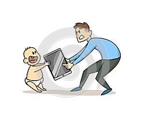 Father taking a smartphone away from his toddler child. Children`s dependence on gadgets. Internet and gadget addiction