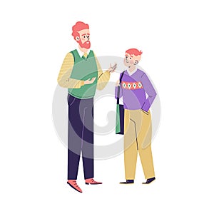 Father talking friendly with his teenage son flat vector illustration isolated.