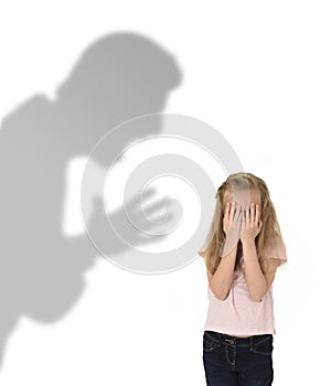 Father or teacher shadow screaming angry reproving young sweet little schoolgirl or daughter