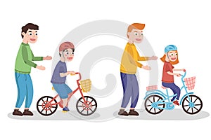 Father teaches child to ride a bicycle. Child with helmet riding a bicycle. Vector illustration