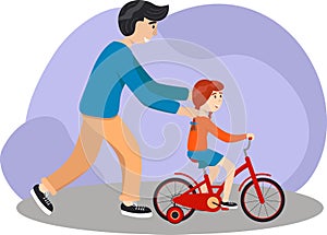 Father teaches daughter to ride a bike. Kid learns to ride bicycle. Parenting concept.