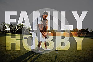 Dad Teaches Child Take Shot Golfing Family Hobby. photo