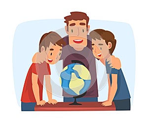 Father Teaching his Sons, Parent Helping Sons and Explaining Geography Lesson with Globe Cartoon Vector Illustration on