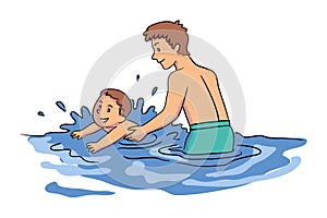 Father teaching son to swim in pool, sea or river