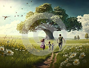 Father with three children cheerfully runs in a meadow full of flowers and a huge tree.