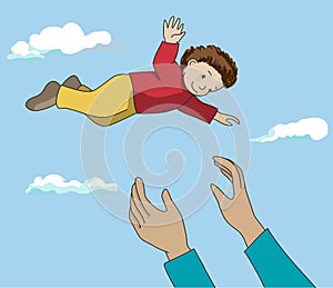 Father throw up happy kid in air. Vector.