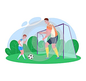 Father time with son vector illustration, cartoon flat dad playing soccer with boy on football green grass pitch
