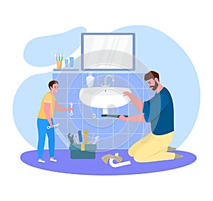 Father time with son vector illustration, cartoon flat dad handyman sitting on floor, fixing bathroom equipment isolated