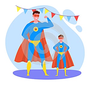 Father time with son vector illustration, cartoon flat strong dad and kid boy characters wearing in superhero costumes