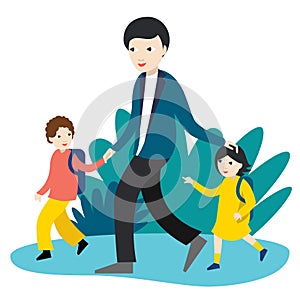 Father with two children  going to school, nursery. Back to school time. Vector Illustration