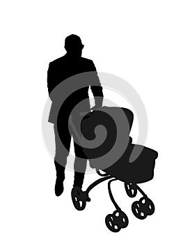 Father walking with baby in pram vector silhouette illustration isolated on white background.
