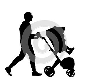 Father walking with baby in pram vector silhouette isolated on white background. Happy family values. Parent with baby in carriage