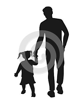 Father walking with a child hand in hand. Dad and daughter silhouette. Fathers Day theme