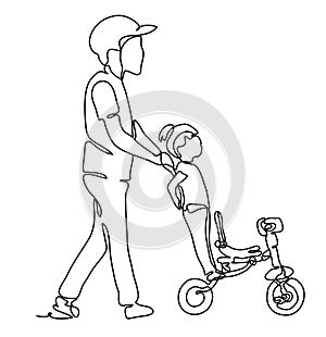 Father walking with daughter in Park, father helping daughter to ride a bike. Continuous line drawing.Vector monochrome