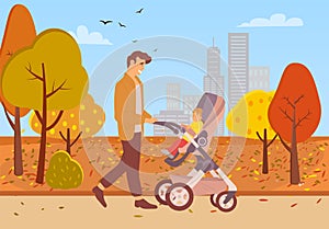 Father Walking with Kid in Buggy in Autumn Park