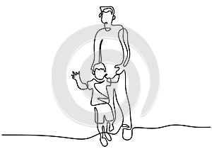 Father walking together with his son continuous one line drawing. Happy Father`s Day minimalism concept. Fatherhood poster with
