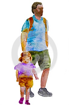 Father walks with his daughter painted in watercolor