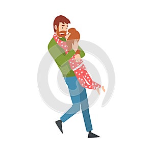 Father whirls with his daughter in his arms cartoon vector illustration