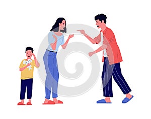 Father yelling at mother who protects child. Family quarrel. Protection of crying son. Unhappy woman. Shouting man. Relationship