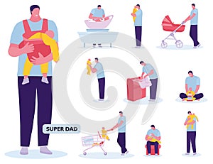 Fatherhood child-rearing shopping playing walking with baby. White background. Vector illustration in a flat cartoon