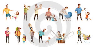 Fatherhood Retro Cartoon Icons Set