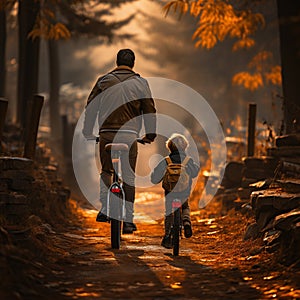 Fatherly support, man coaches childs bike riding, viewed from behind