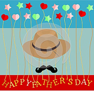 Fathers day calligraphic banner greeting card vector illustration moustache hat tie heart stars concept