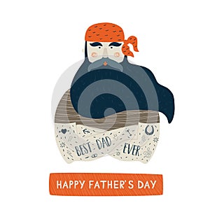 Fathers day concept. Happy fathers day card with bearded man tattoo. Best Dad ever poster, background. Vector