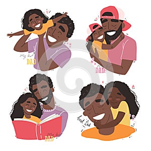 Fathers day, happy family, Black african american daughter hugs dad and smiling