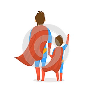 Fathers day isolated vector illustration cartoon backside view scene with dad and son dressed in superhero costumes walking togeth