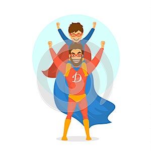 Fathers day isolated vector illustration cartoon fun scene with dad and son dressed in superhero costumes